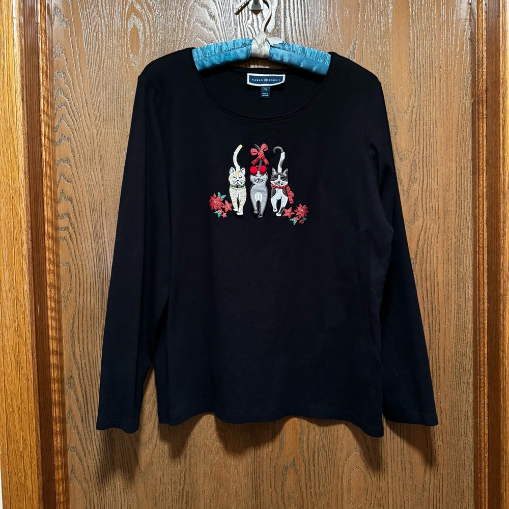 Karen Scott XL Women's Kitty Cat Crewneck Christmas Sweater EUC black
